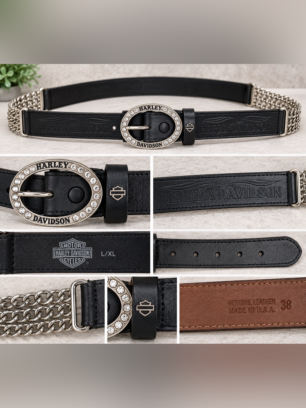 Harley-Davidson Women’s Black Leather Chain Belt Rhinestone Buckle L/XL